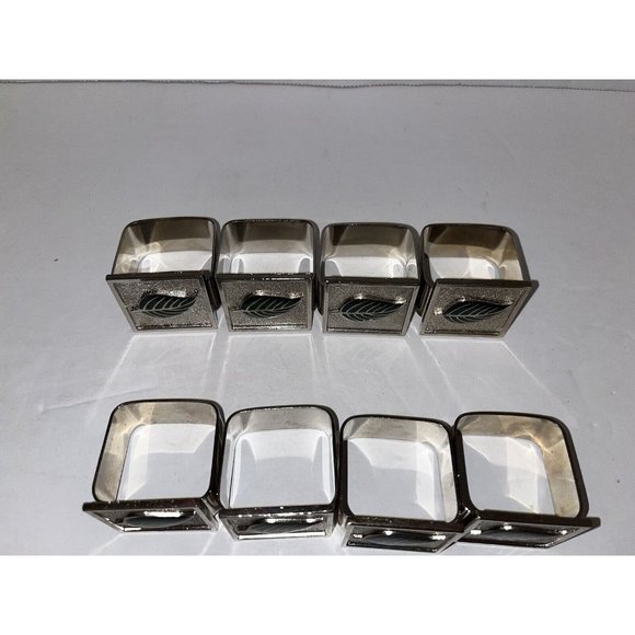 Heavy Cast Metal Leaf Napkin Rings Lot of 8 Square Green Enamel Silver Tone - Picture 7 of 7
